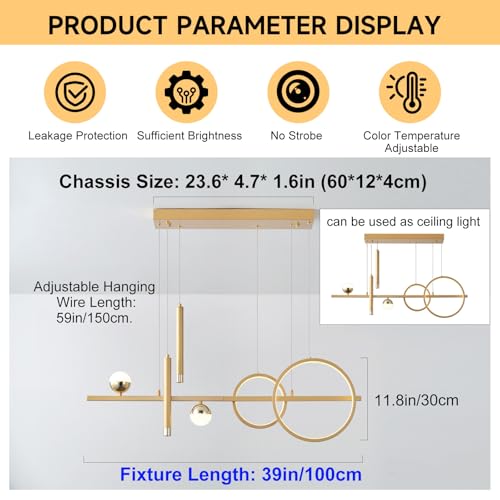 LED Gold Chandelier for Dining Room 39in Dimmable Modern Chandelier
