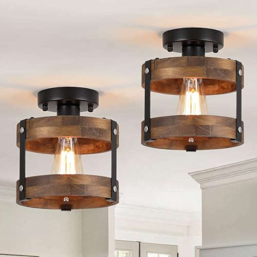 2 Pack Rustic Farmhouse Wood Flush Mount Ceiling Light Fixture Oak Wood and Metal Round Cage Small Semi Flush Mount Ceiling Light for Kitchen Hallway Entry Bedroom Country Farmhouse (2 Count)