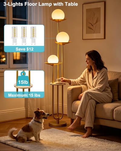 3 Light Globe Floor Lamp with Shelf Modern Dimmable Floor Lamps for Reading (3 Count)