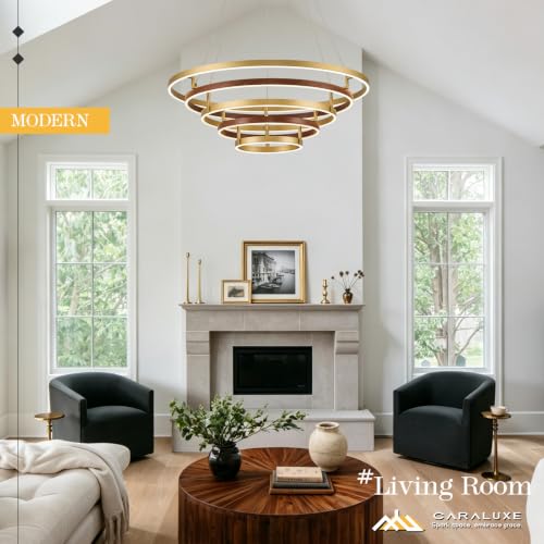 5 Ring LED Chandelier Modern Chandeliers Red Walnut Wood Gold Dimmable 31''