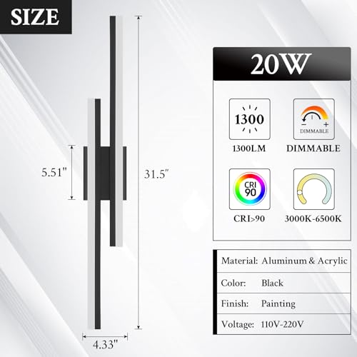 LED Wall Sconce Set of 2 Black Remote Modern LED Vanity Lights Set of 2 Indoor Wall Light Fixtures for Living Room (2 Count)