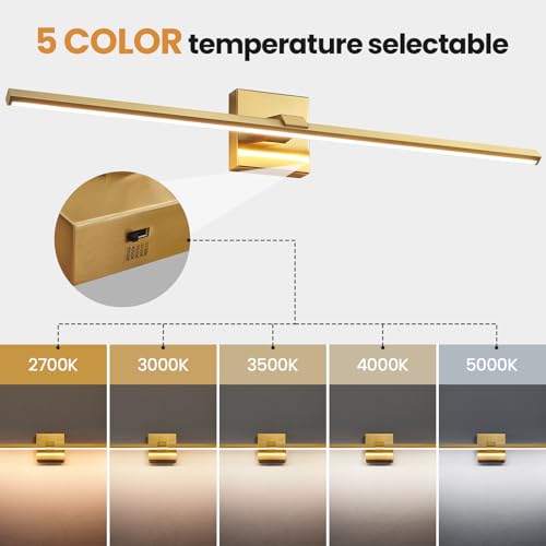 Gold Modern Bathroom Vanity Light 32 Inch 24W Dimmable 5CCT LED Bathroom Lighting Fixtures Over Mirror Brushed Gold Bar Vanity Lights for Bathroom Mirror Cabinets Bedroom