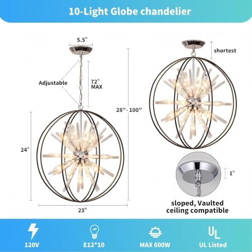 Modern Black Sputnik Globe Crystal Chandeliers for Living Room Foyer