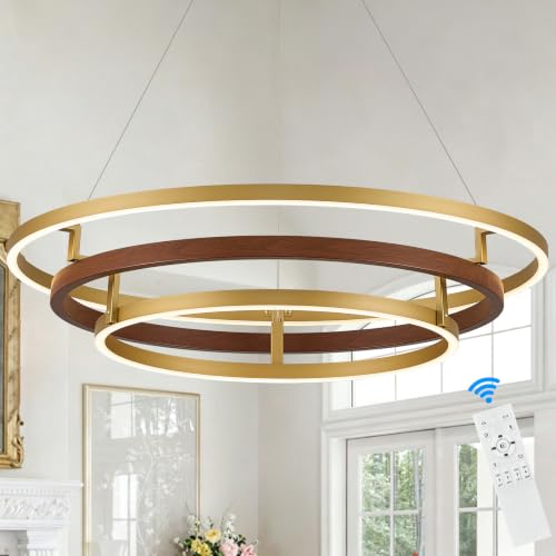 3 Ring LED Chandelier Modern Chandeliers Red Walnut Wood Gold Dimmable 31''