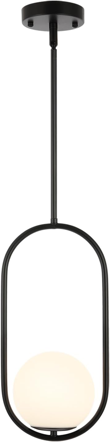 Modern Globe Pendant Light Mid Century Chandelier 1-Light Matte Black Ceiling Hanging Lighting Fixture with White Globe Glass Shade for Kitchen Island Dining Room Bedroom - Aura Lighting