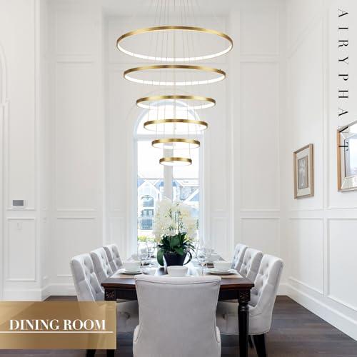 Modern 31" Big LED Chandeliers for High Ceiling 6 Rings Gold Chandeliers with Remote Control Dimmable Large Contemporary Ceiling Pendant Light for Foyer Living Room 3000K (6 Count)