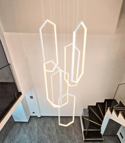 Modern Chandelier LED Dimmable Light for Staircase Living Room Entrance High Ceiling Chandeliers with Remote Control for Villa Foyer White