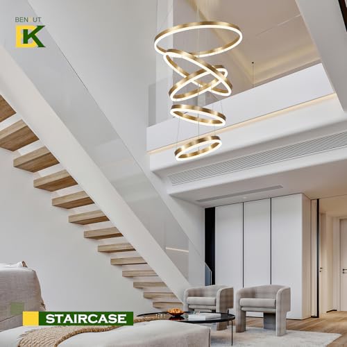5 Rings Modern LED Chandelier Gold High Ceiling Chandelier with Remote Control Dimmable Pendant Lighting for Dining Room Foyer Living Room Entryway Staircase