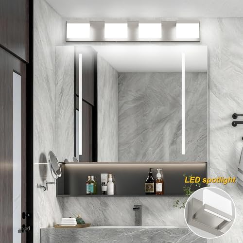 Brushed Nickel Modern Vanity Light Fixtures 4 Lights LED Bathroom Lights Up and Down Bathroom Wall Lighting Over Mirror