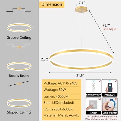 D31.5'' Modern Ring Chandelier for Dining Room LED Dimmable Pendant Lighting High Ceiling Chandelier for Living Room Foyer Bedroom Entryway 3000K
