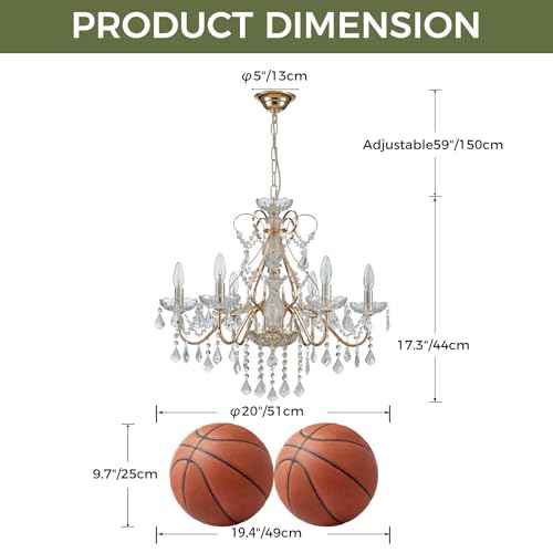 Saint Mossi 6 Light Crystal Chandelier Light Fixture Modern Chandelier Crystal Lighting, French Gold Crystal Raindrop Chandelier for Dining Room,Bedroom,Living Room, H23 x D24