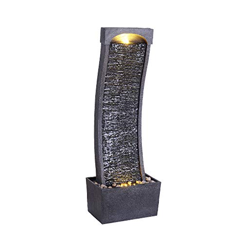 38.58 in. Modern Curved Faux Slate Waterfall Fountain for Indoors or Outdoors with LED Light Accents and 1.98