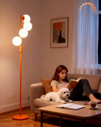 Mid Century Modern 4 Globe Orange Floor Lamp Dimmable Standing Lamp with 3000K Warm White Bulbs Included (4 Count)