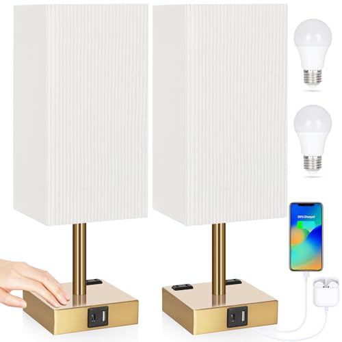 Set of 2 Bedside Table Lamp 3 Way Dimmable Nightstand Lamp with USB C & USB A Charging Port (2 Count)