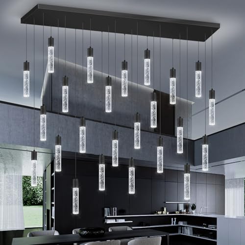 24 Lights Modern Crystal Chandeliers LED Pendant Light for Kitchen Island Dining Room Entrance Foyer Living Room 6000K Black