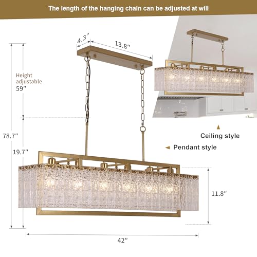 42" Gold Crystal Ripple Glass Rectangle Pendant Chandelier 6