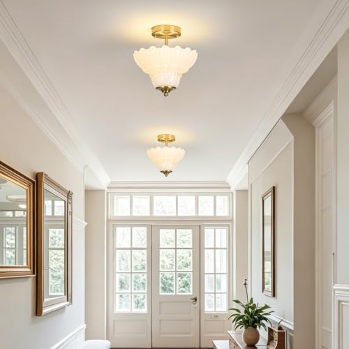 Vintage Gold Semi Flush Mount Light with Floral White Shade (Gold and White)