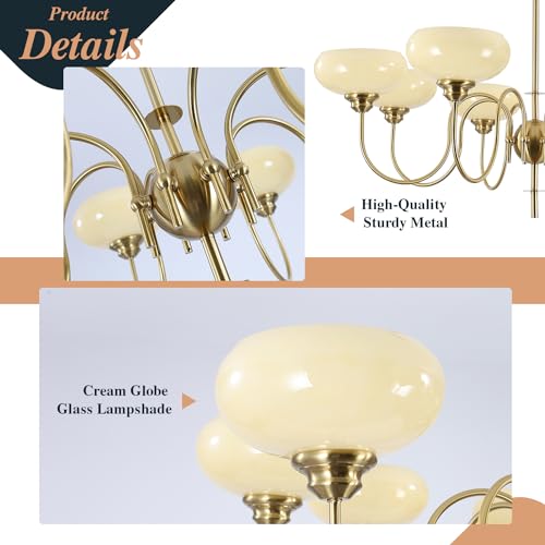 Large 8 Light Chandelier Modern Sputnik Chandeliers Flush Mount Ceiling Lights Cream Adjustable Height Pendant Lighting Vintage Gold Chandeliers with Light Yellow Glass Classic Ceiling Light