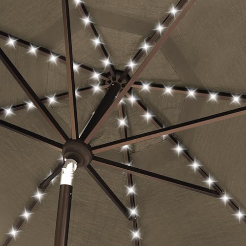 USA 10-Year-Non-Fading 10ft Market Patio Umbrella, Commercial Grade Table Sun Umbrella with 80 Solar LED Lights, Crank Open, Windproof & UPF 50+ UV Protection for Garden, Deck, Pool, Backyard, Taupe