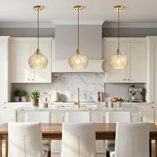 Amber Glass Pendant Lights Kitchen Island Gold Hanging Ceiling Light 9"