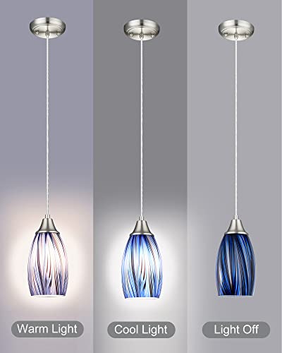Mini Art Glass Dark Blue Pendant Lights Kitchen Island Hand Blown Mini Glass Pendant Lights with Brush Nickel Finish Adjustable Cord for Kitchen Over Sink