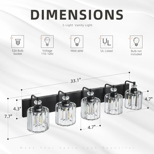 5 Light Black Bathroom Light Fixtures Over Mirror Modern Vanity Lights Crystal Wall Sconce Vintage Bathroom Lighting with Crystal Shade E26 Base for Bedroom