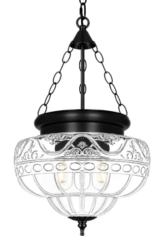 3 Light Matte Black Pendant Lights with 12In Floral Glass