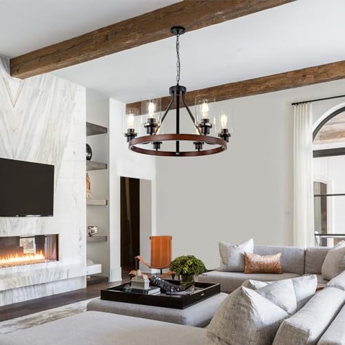 6 Light Farmhose Chandelier for Dining Room Light Fixture Faux Wood Kitchen Pendant Light Round Rustic Ceiling Hanging Lighting with Glass Globes Adjustable Height Metal E26