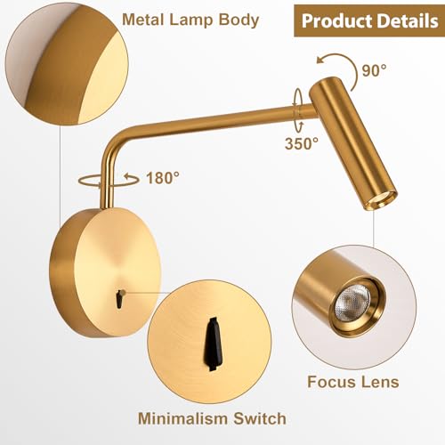 Wall Mounted LED Reading Light for Bedroom Hardwired Wall Sconce with Switch on