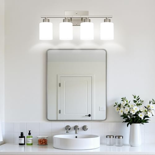 Brushed Nickel Bathroom Light Fixtures with Milk Glass Shades
