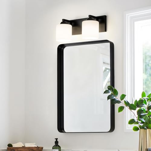 2 Light Black Bathroom Vanity Light with White Glass Shades
