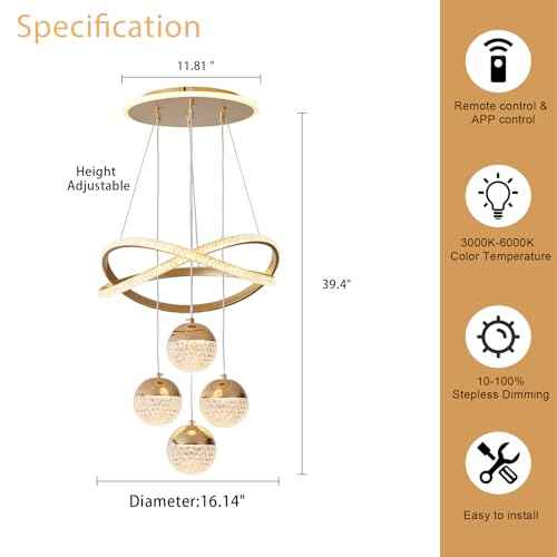Gold LED Chandeliers, 3-Color Dimmable Pendant Light Dining Room Light Fixtures for Kitchen Island Adjustable Modern Chandeliers for Dining Room Living Room Bedroom