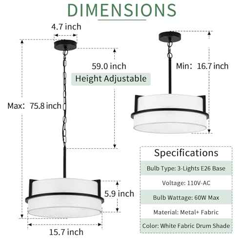 Modern Drum Chandelier for Dining Room 3 Light,15.7" Wide White Linen Drum Shade Ceiling Light Fixture,Pendant Lighting with Adjustble Hang Height Chandelier for Kitchen Islands Living Bedroom
