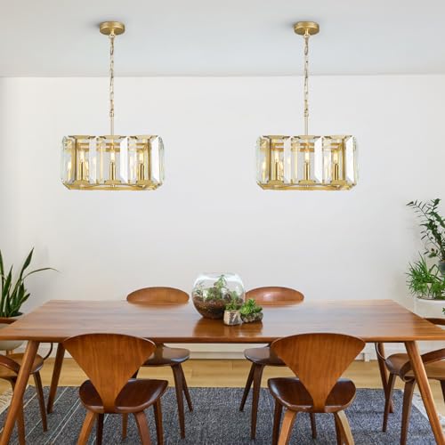 Gold Modern Crystal Chandeliers Rectangle Farmhouse Pendant Light Semi Flush Mount Ceiling Light Fixture for Bedroom Dining Room Kitchen Island Living Room Foyer Hallway