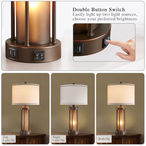 Set of 2 Farmhouse Table Lamps for Living Room with 2 USB Charging Ports (2 Count)