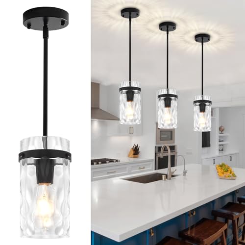 3 Pack Black Pendant Lights Kitchen Island Modern Hammered Glass (3 Count)