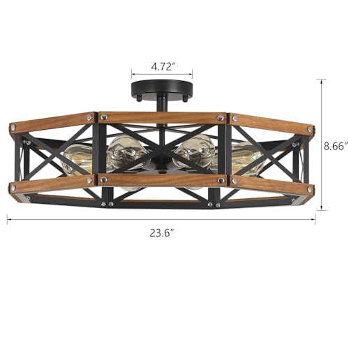 8 Light Large Rustic Farmhouse Wood Flush Mount Ceiling Light Fixture 24 inch Oak Wood and Metal Cage Semi Flush Mount Ceiling Light for Entry Cabin Dining Farmhouse Bedroom Living Room