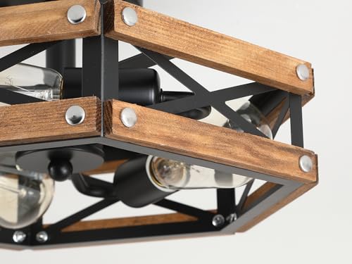 2 Pack 3 Light Rustic Farmhouse Wood Flush Mount Ceiling Light Fixture Oak Wood and Metal Cage Semi Flush Mount Ceiling Light for Hallway Hall Entry Bedroom Kitchen Farmhouse (2 Count)