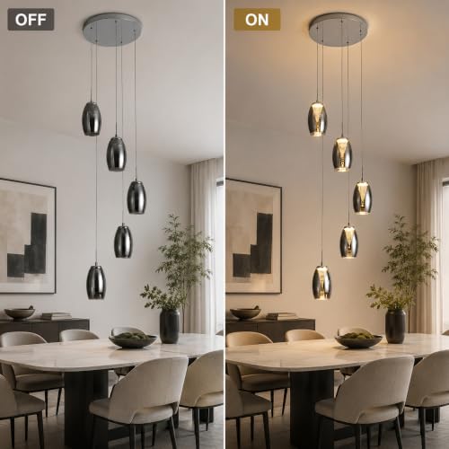 Modern 5 Light LED Staircase Chandelier with Smoke Gray Glass