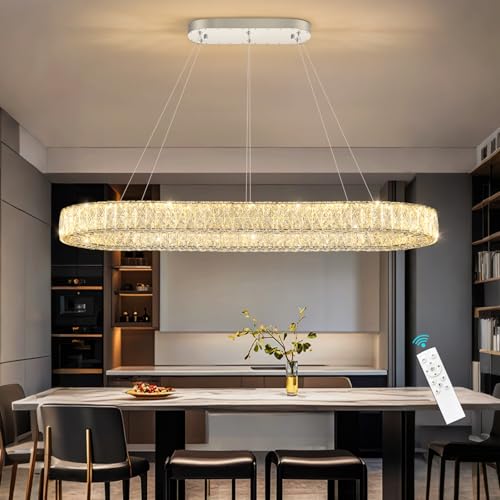 Modern Oval Crystal Chandelier for Dining Room Dimmable LED Chandeliers Rectangular Pendant Light Fixture with Remote for Living Room Kitchen Island Silver