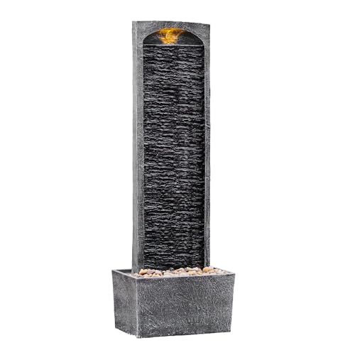 38.5" Faux Slate Contemporary Outdoor LED Waterfall Fountain with Pebble Base