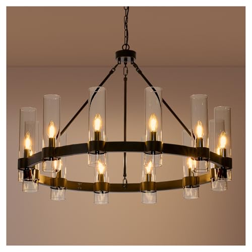 36 Inch Large Black Wagon Wheel Chandelier 12 Lights with Glass Shade