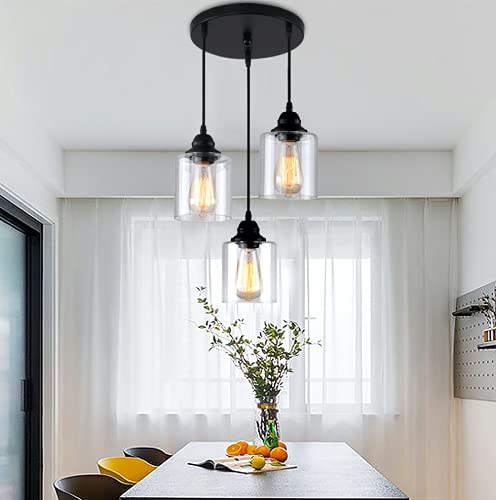 3 Lights Industrial Pendant Light with Glass Shade Matte Black Pendant Lighting Adjustable Industrial Retro Style Hanging Light