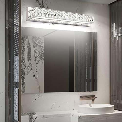Modern Bathroom Light Fixtures Over Mirror 30 inch Crystal Chrome LED Vanity Light Bar White Light 6000K