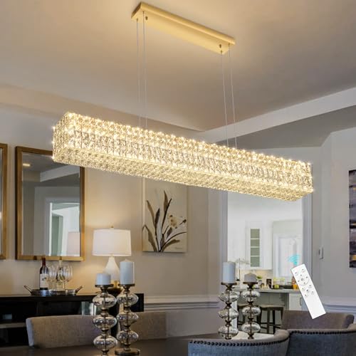 Rectangular Crystal Chandelier with Dimmable LED Lights Dining Room Remote Ceiling Pendants Lighting Fixtures for Kitchen Island Gold