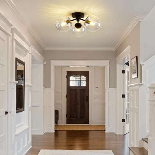 Black Globe Semi Flush Mount Ceiling Light Hammered Glass Ceiling Lights