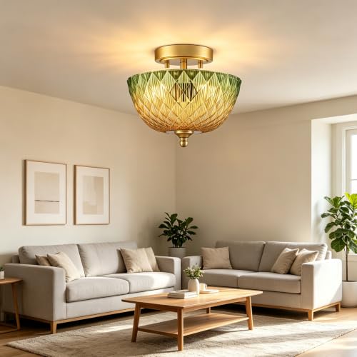 Semi Flush Mount Ceiling Light with Green & Amber Glass Shade