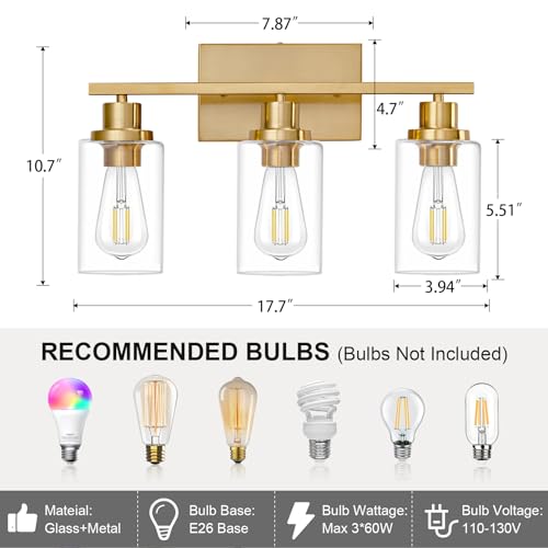 3 Light Bathroom Light Fixtures Brushed Brass Vanity Light Over Mirror Modern Farmhouse Wall Lighting Sconces Wall Lamp for Bathroom