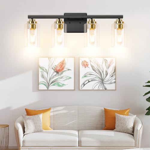 4 Light Black & Gold Bathroom Light Fixtures Over Mirror 27 Inches