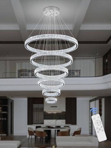 Extra Large 6 Ring Crystal Chandelier Modern LED Long Crystal Chandelier for High Ceiling Height Adjustable D8+15.7"+23.6"+31.5"+39.4"+47.5" Dimmable 2700K